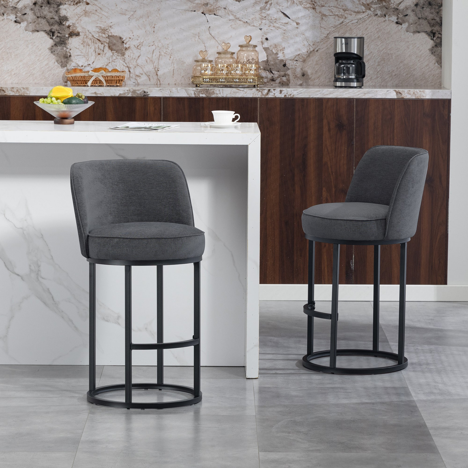Modern barrel-shaped upholstered accent bar stools with backrests, featuring stylish design and comfortable seating for home bar areas.