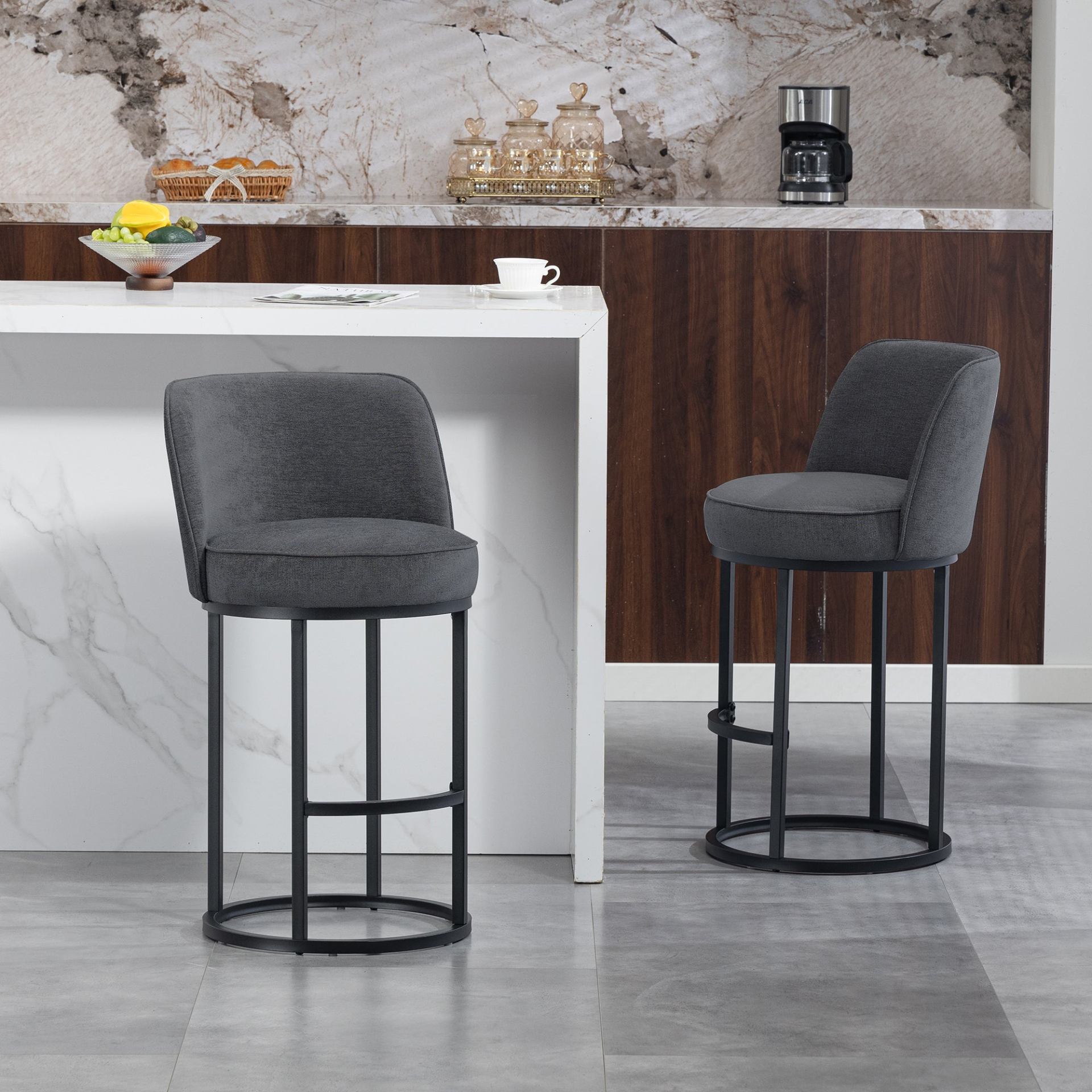 Modern barrel-shaped upholstered accent bar stools with backrests, featuring stylish design and comfortable seating for home bar areas.