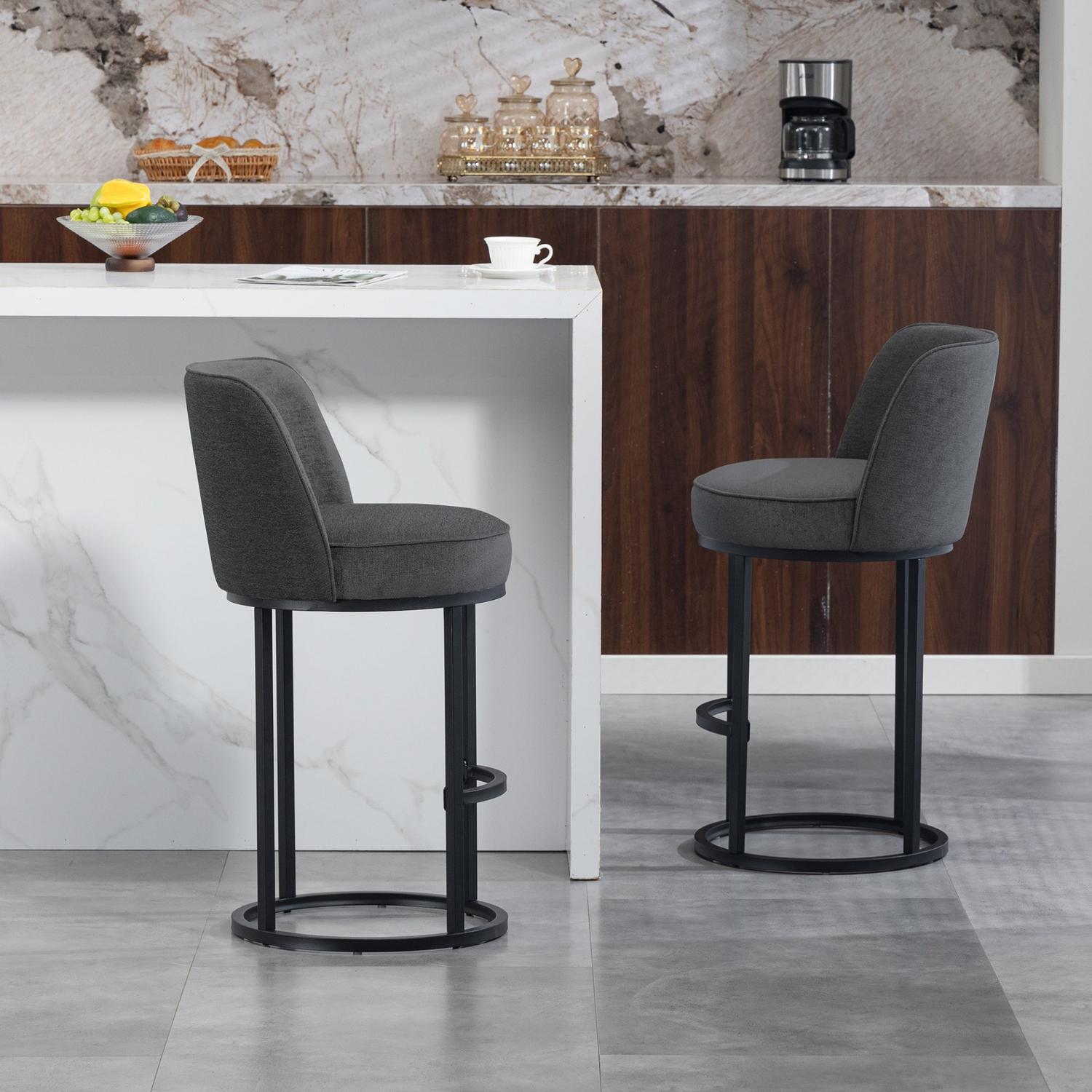 Modern barrel upholstered accent bar stools with backrests, stylish home seating by Start2Finish, featuring plush fabric and sleek design.