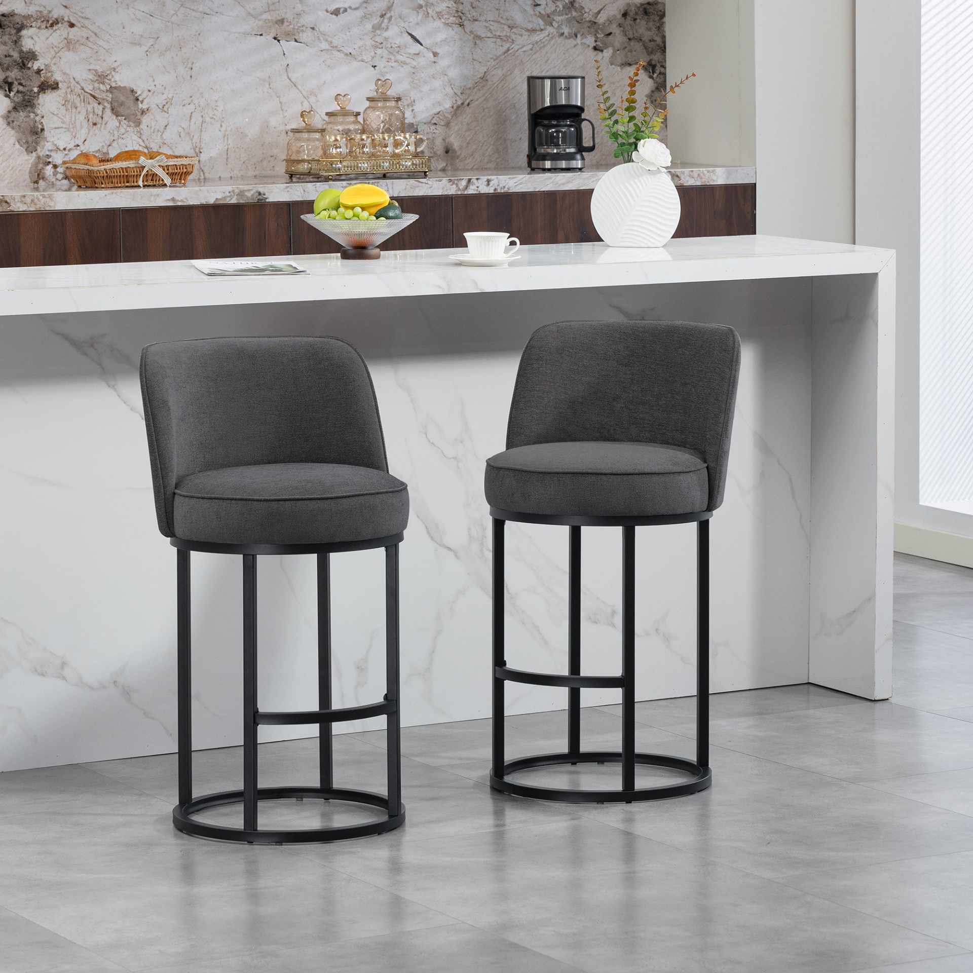 Start2Finish modern barrel upholstered accent bar stool with backrest, stylish home seating, showcasing a sleek design and comfortable cushion.