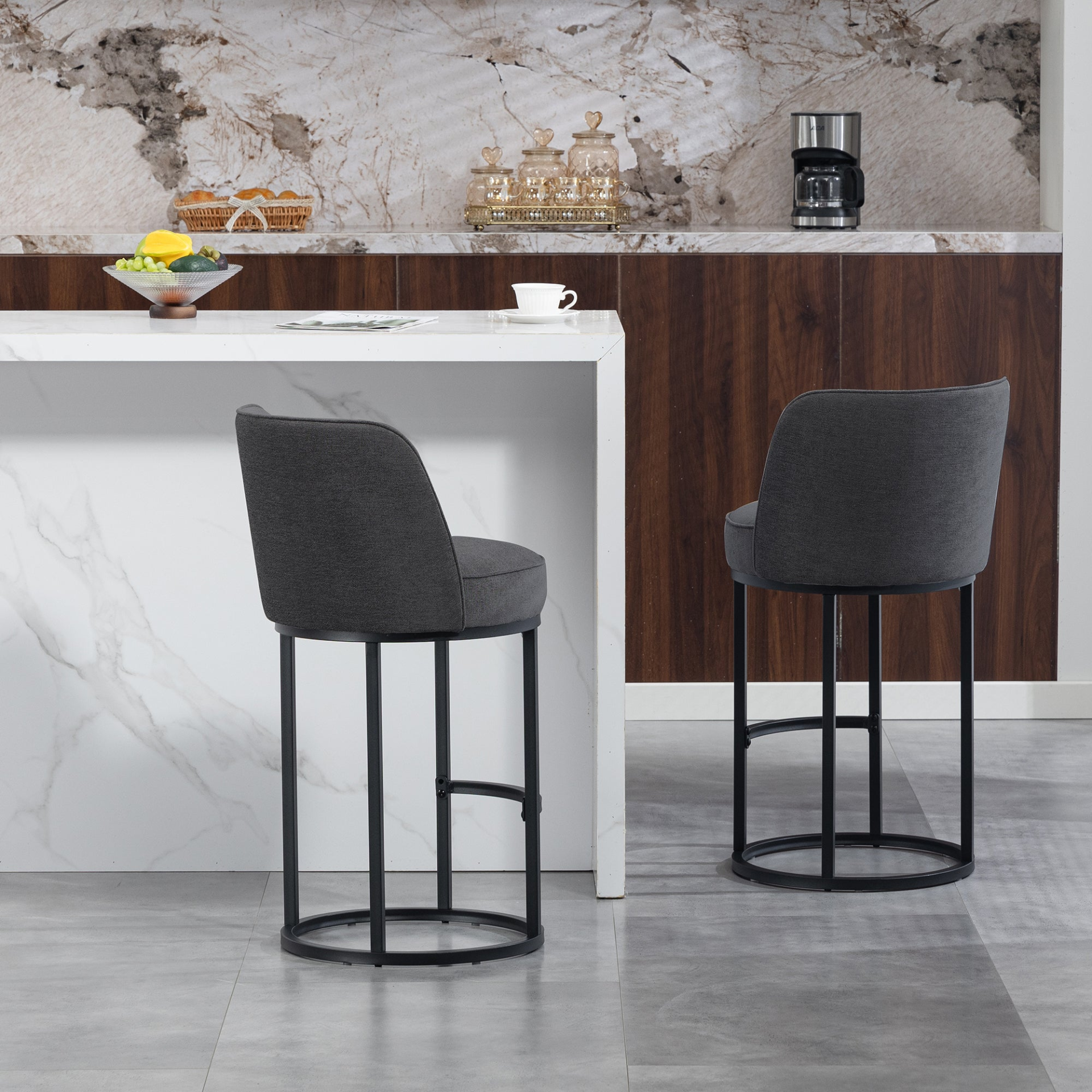 Modern barrel-style upholstered accent bar stool with backrest by Start2Finish, featuring stylish home seating design.
