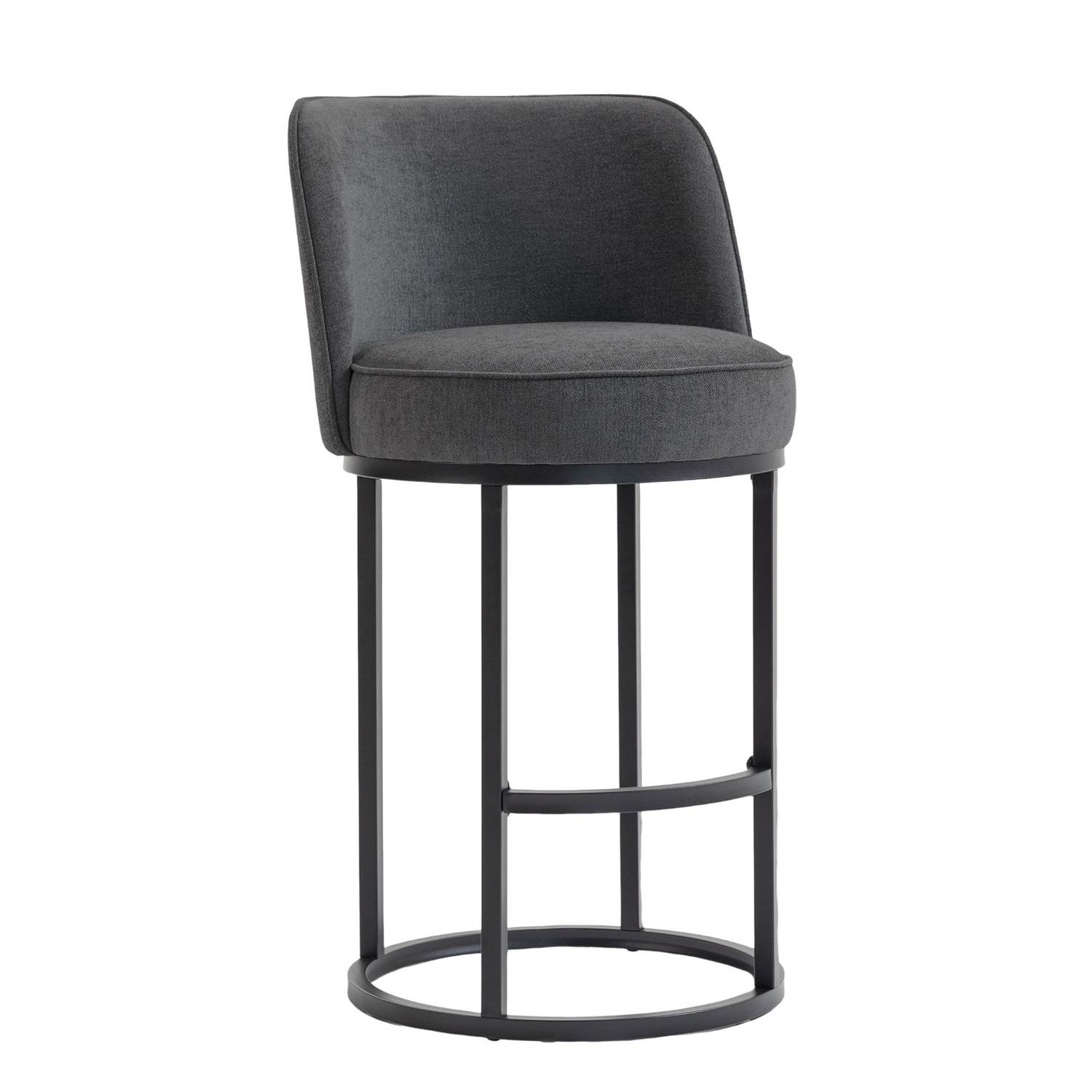 Modern barrel upholstered accent bar stools with backrests, stylish home seating by Start2Finish, featuring plush fabric and sleek design.