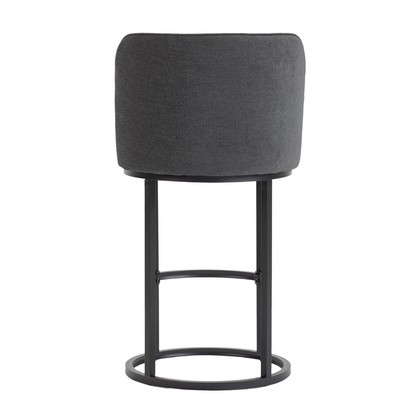 Modern barrel upholstered accent bar stool with backrest, featuring stylish fabric and wooden legs for home seating by Start2Finish.