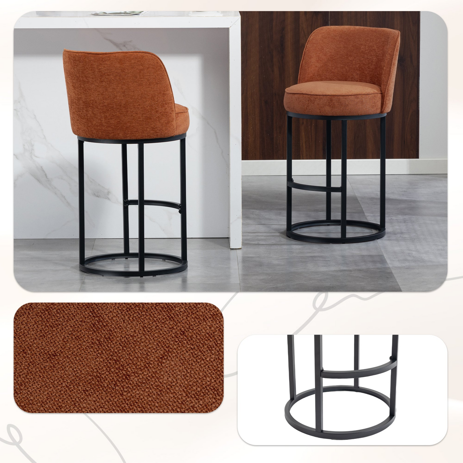 Modern barrel upholstered accent bar stool with backrest by Start2Finish, featuring plush fabric and stylish wooden legs for home seating.