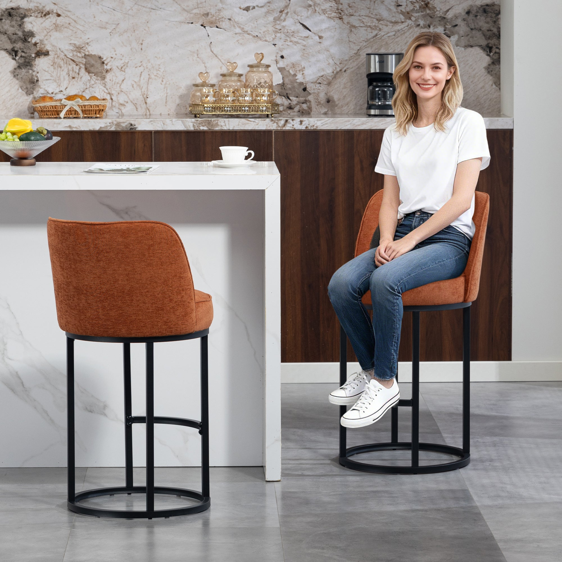 Modern barrel upholstered accent bar stools with backrests by Start2Finish, featuring stylish design and comfortable seating.