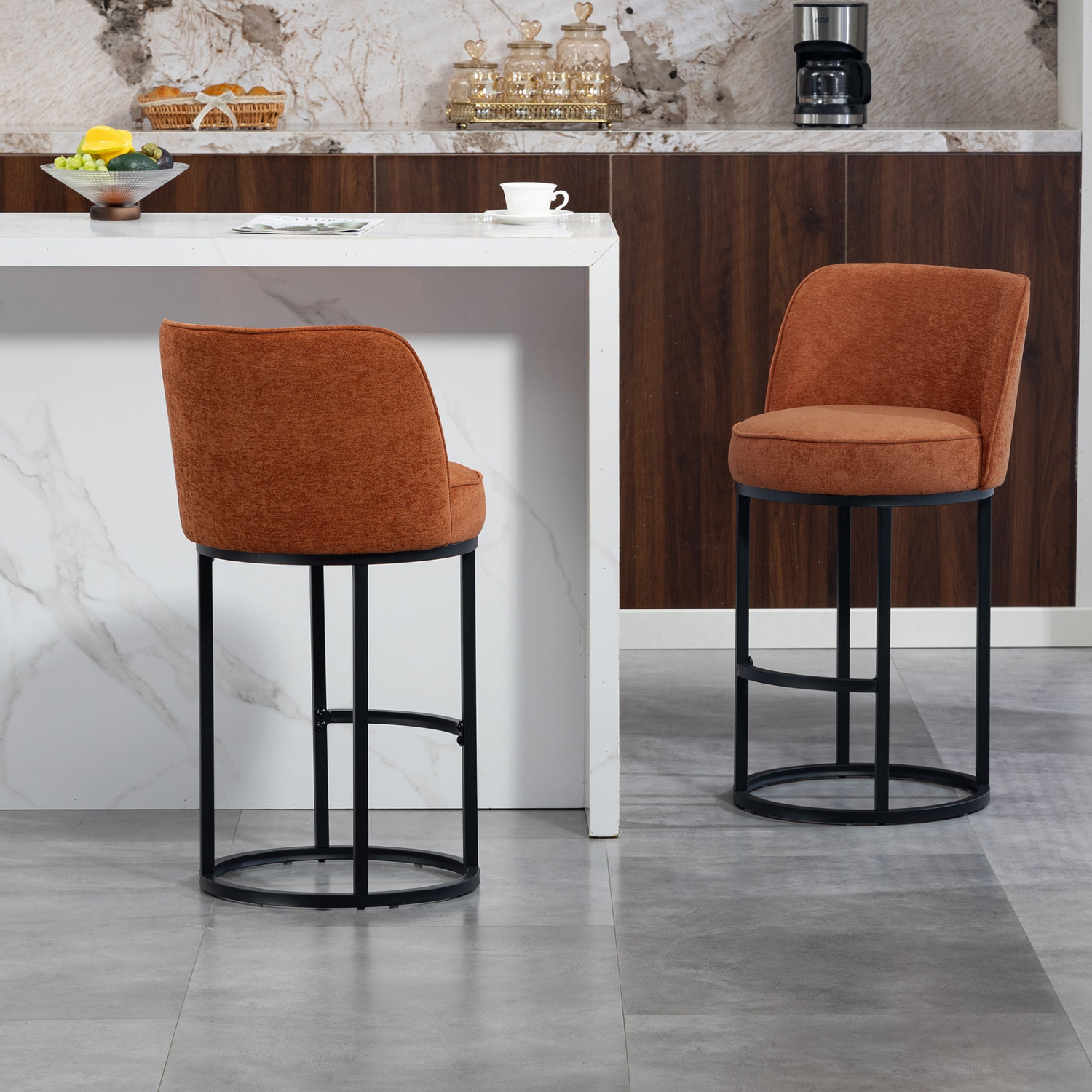 Modern barrel upholstered accent bar stool with backrest from Start2Finish, stylish home seating with plush fabric and sleek design.