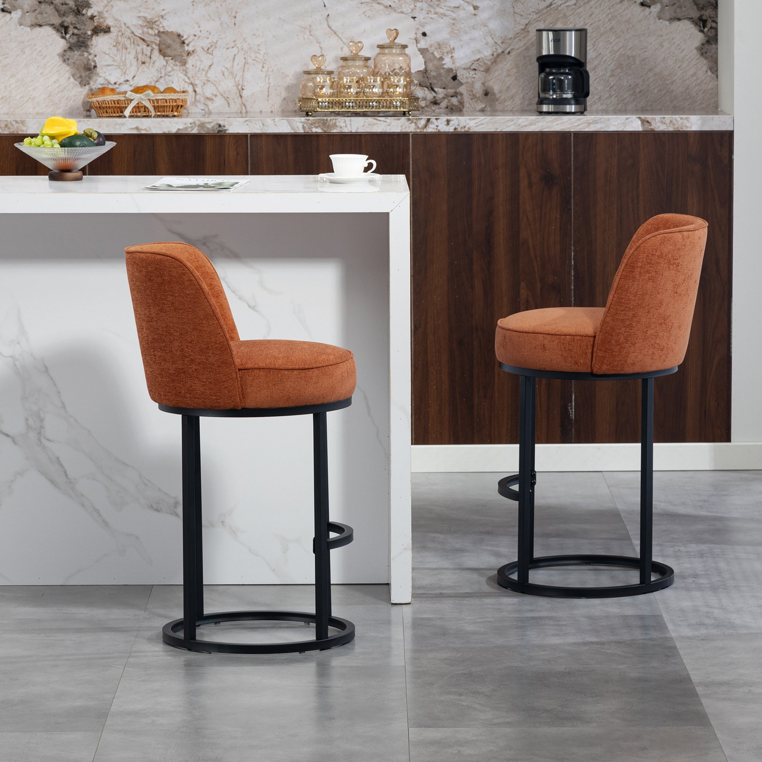Modern barrel upholstered accent bar stools with backrests, stylish home seating by Start2Finish, featuring plush fabric and sleek design.