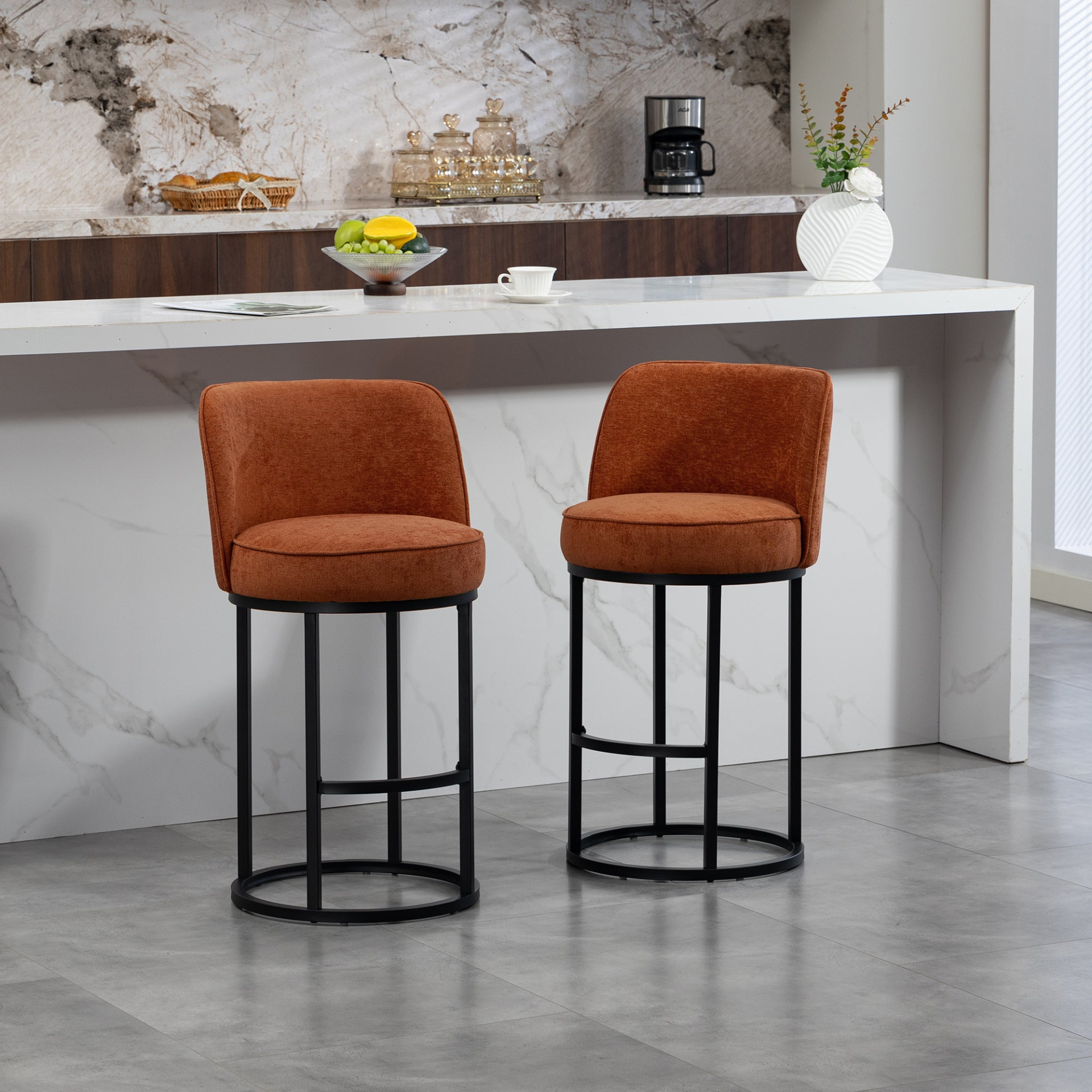Modern barrel upholstered accent bar stools with backrests by Start2Finish, stylish home seating with plush cushioning and sleek design.