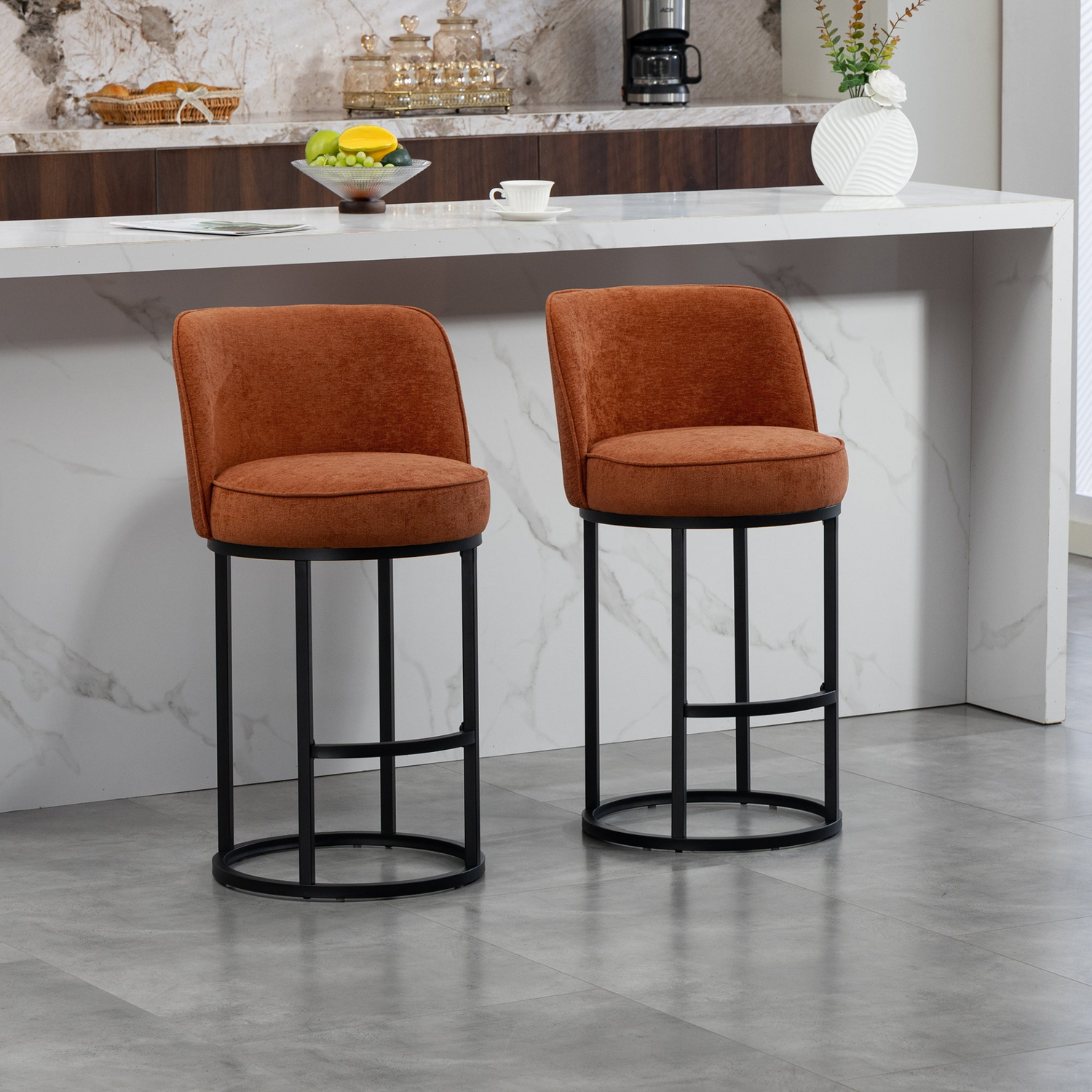 Modern barrel upholstered accent bar stools with backrests, stylish home seating by Start2Finish, featuring plush fabric and sleek design.
