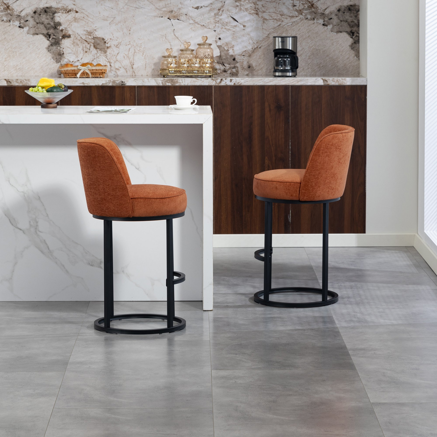 Start2Finish modern barrel upholstered accent bar stools with backrest, stylish home seating with padded cushions and sleek design.