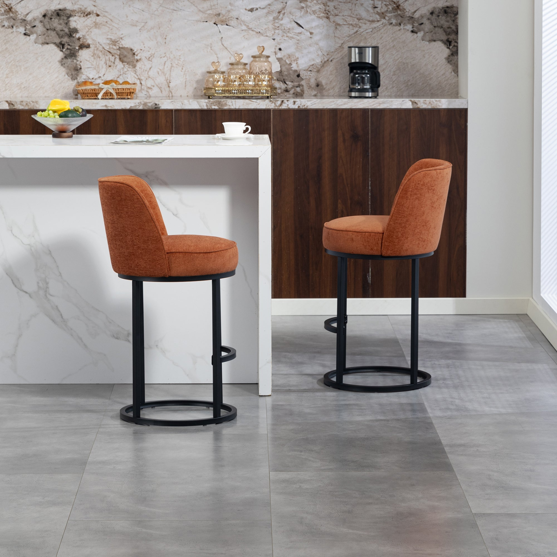 Start2Finish modern barrel upholstered accent bar stools with backrest, stylish home seating with padded cushions and sleek design.