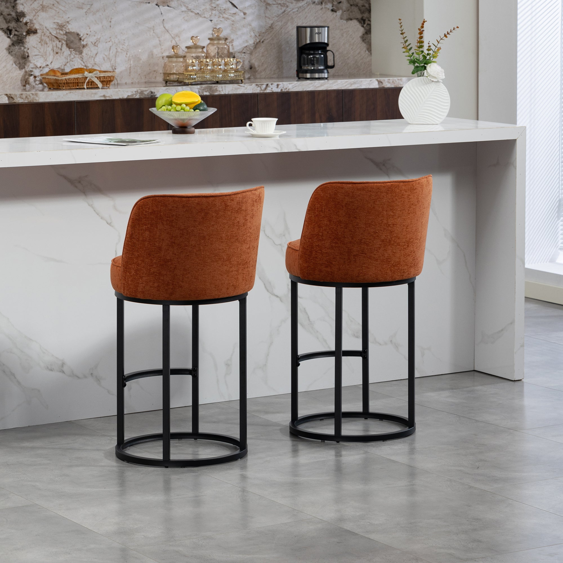 Start2Finish modern barrel upholstered accent bar stool with backrest, stylish home seating, featuring a plush cushion and sleek design.