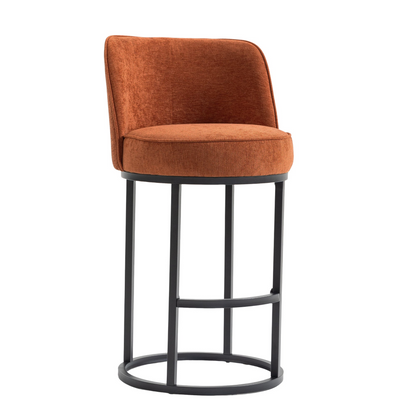Modern barrel upholstered accent bar stool with backrest, stylish home seating from Start2Finish, featuring plush fabric and sleek design.