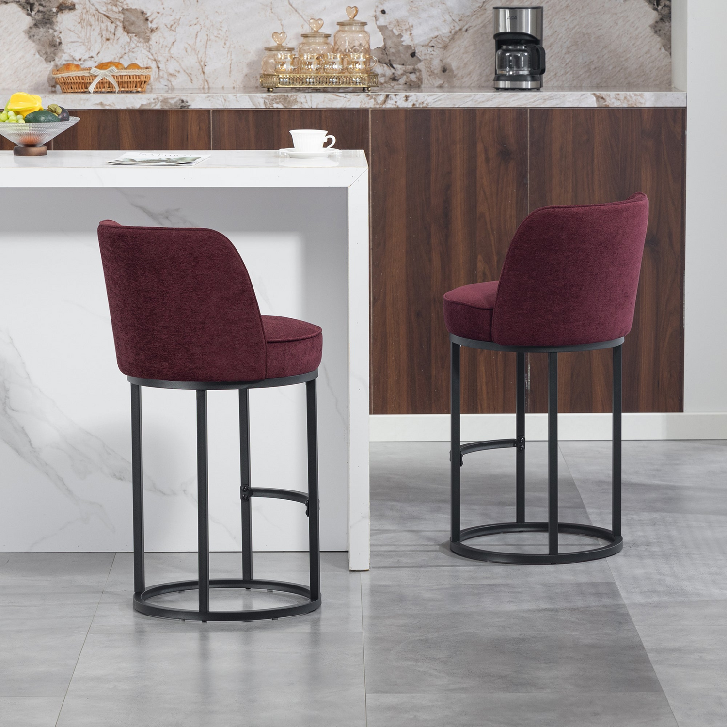 Modern barrel-style upholstered accent bar stool with backrest by Start2Finish, perfect for stylish home seating.