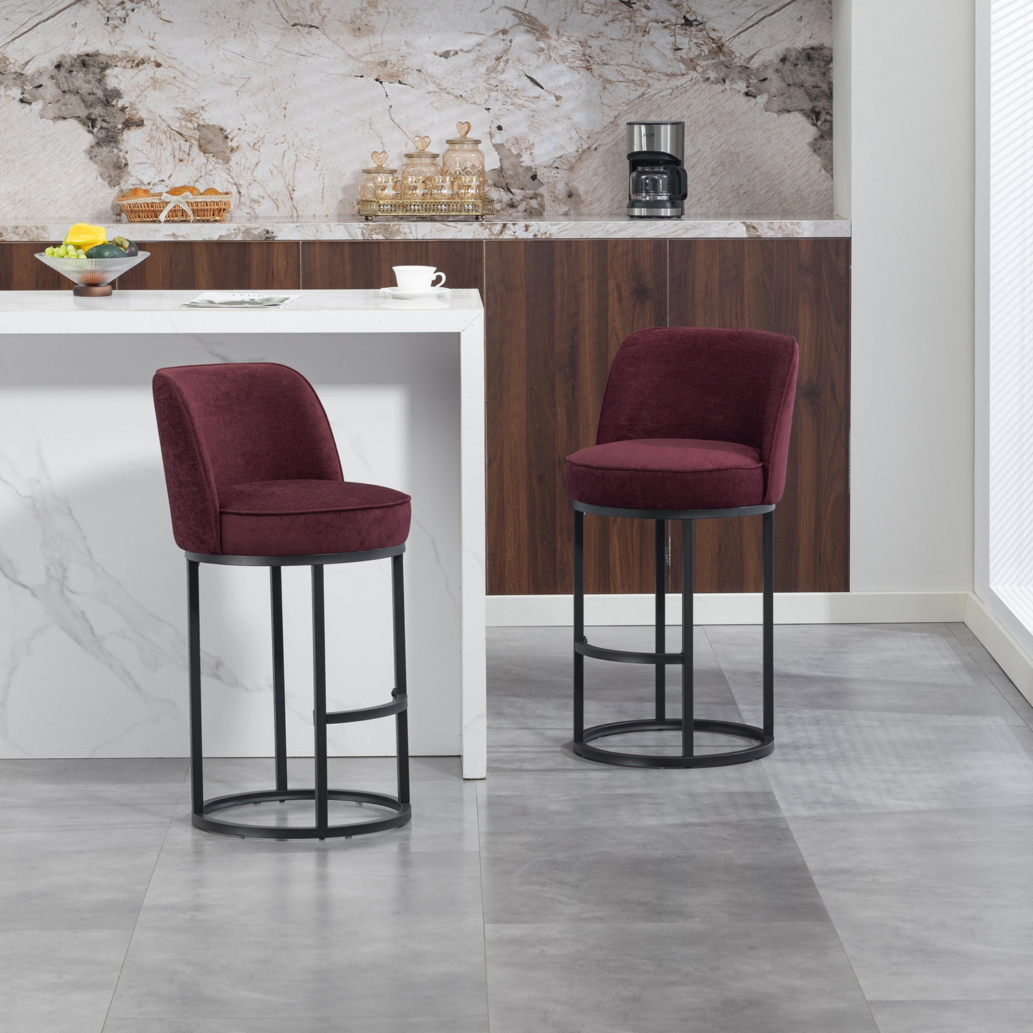 Start2Finish modern barrel upholstered accent bar stool with backrest, stylish home seating in sleek design with plush cushioning.