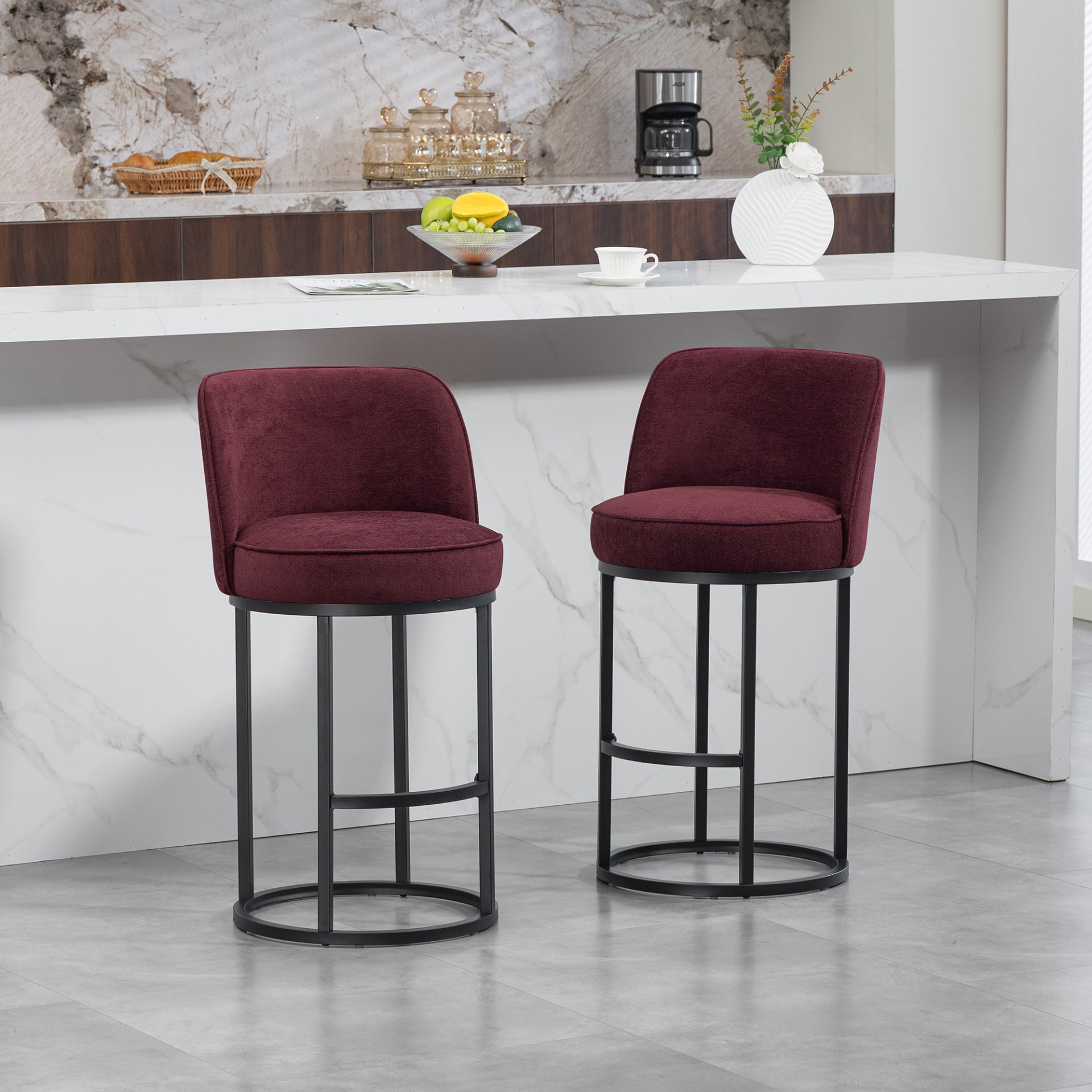 Start2Finish modern barrel upholstered accent bar stool with backrest, stylish home seating with plush fabric and sleek design.