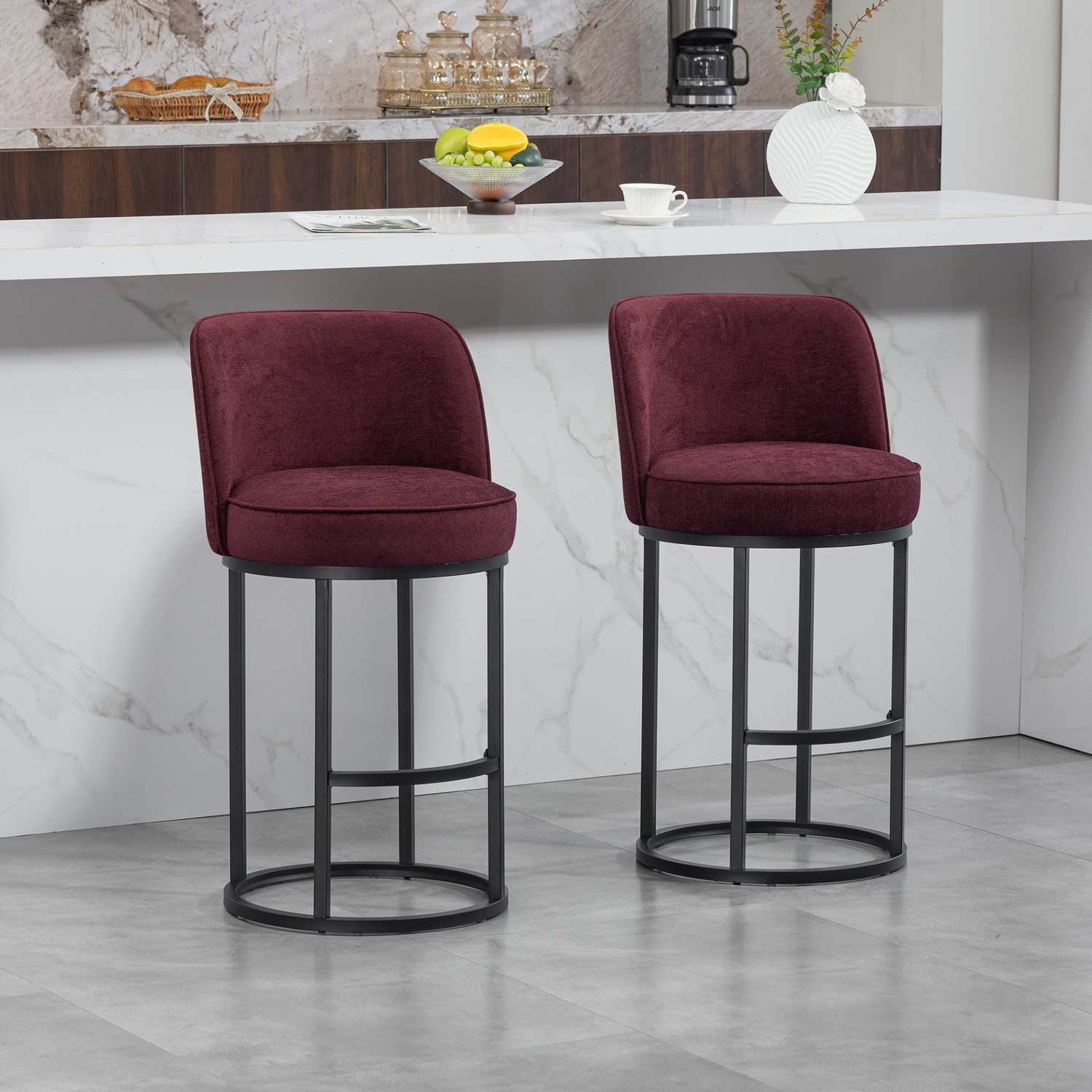Start2Finish modern barrel upholstered accent bar stool with backrest, stylish home seating, and contemporary design.