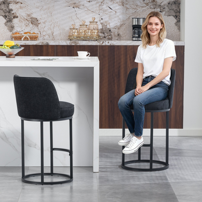 Modern barrel upholstered accent bar stool with backrest by Start2Finish, showcasing stylish home seating with plush fabric and wooden legs.
