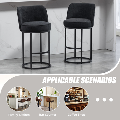 Start2Finish modern barrel upholstered accent bar stools with backrests, featuring stylish padded seats and sleek wooden legs.