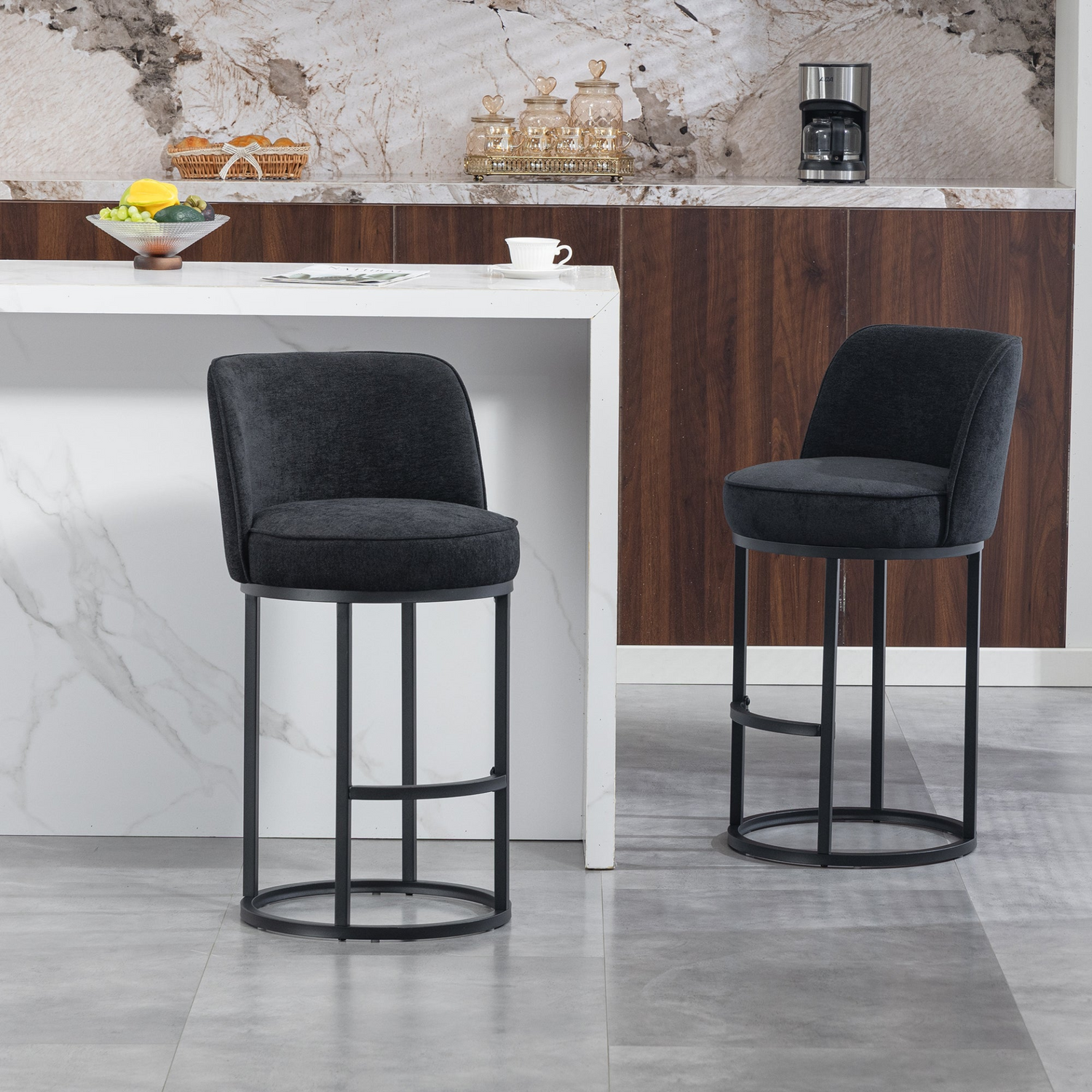 Modern barrel upholstered accent bar stools with backrests, stylish home seating by Start2Finish, featuring plush fabric and sleek design.