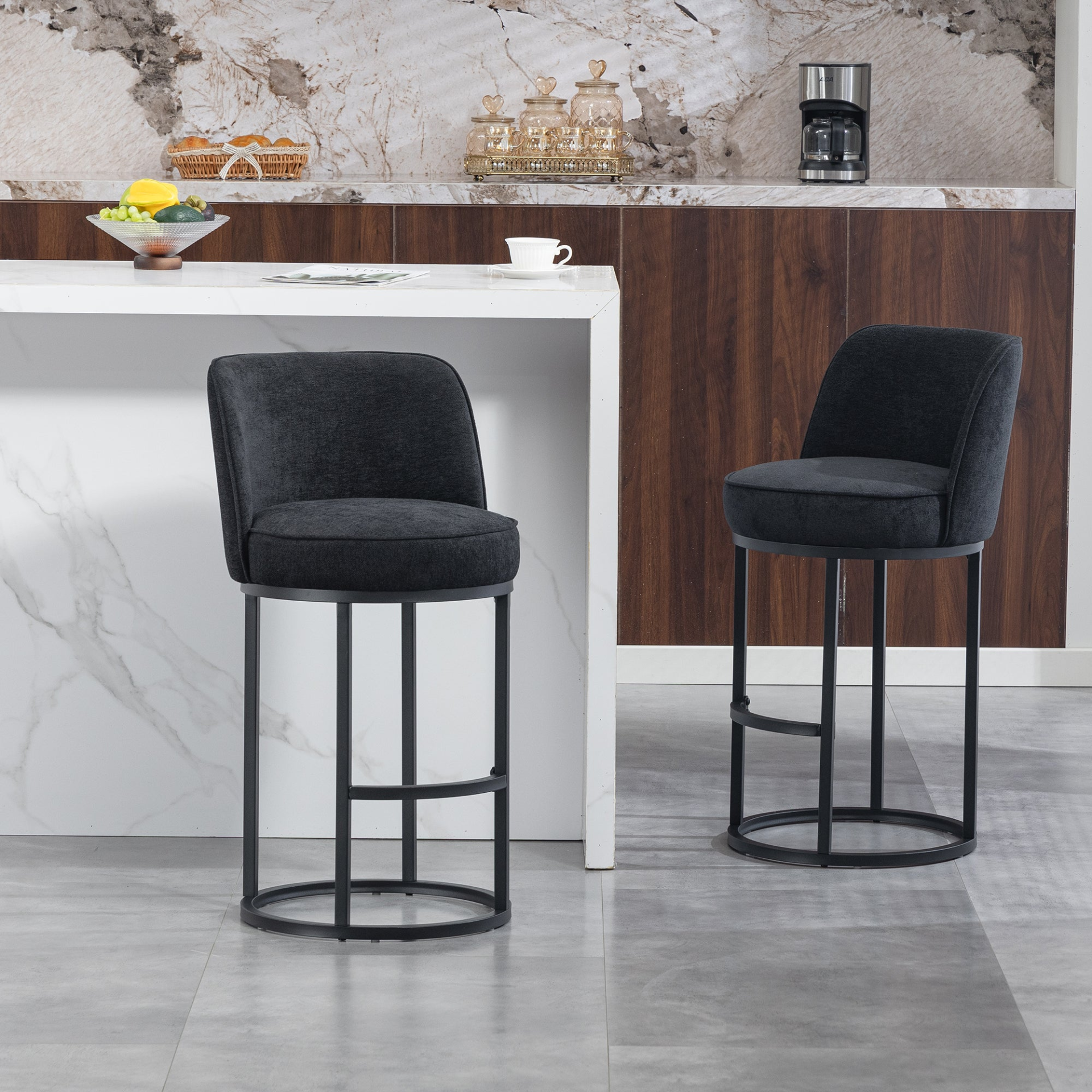 Modern barrel upholstered accent bar stools with backrests, stylish home seating by Start2Finish, featuring plush fabric and sleek design.