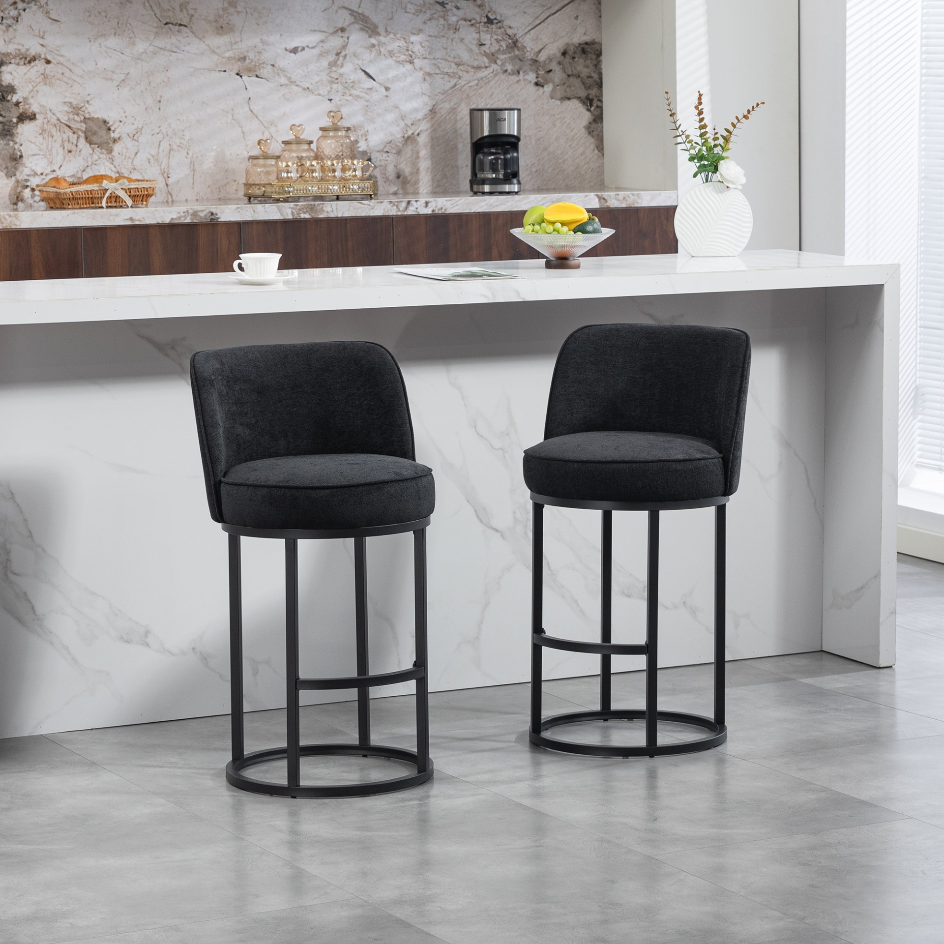 Modern barrel-shaped upholstered accent bar stool with backrest, stylish home seating from Start2Finish.