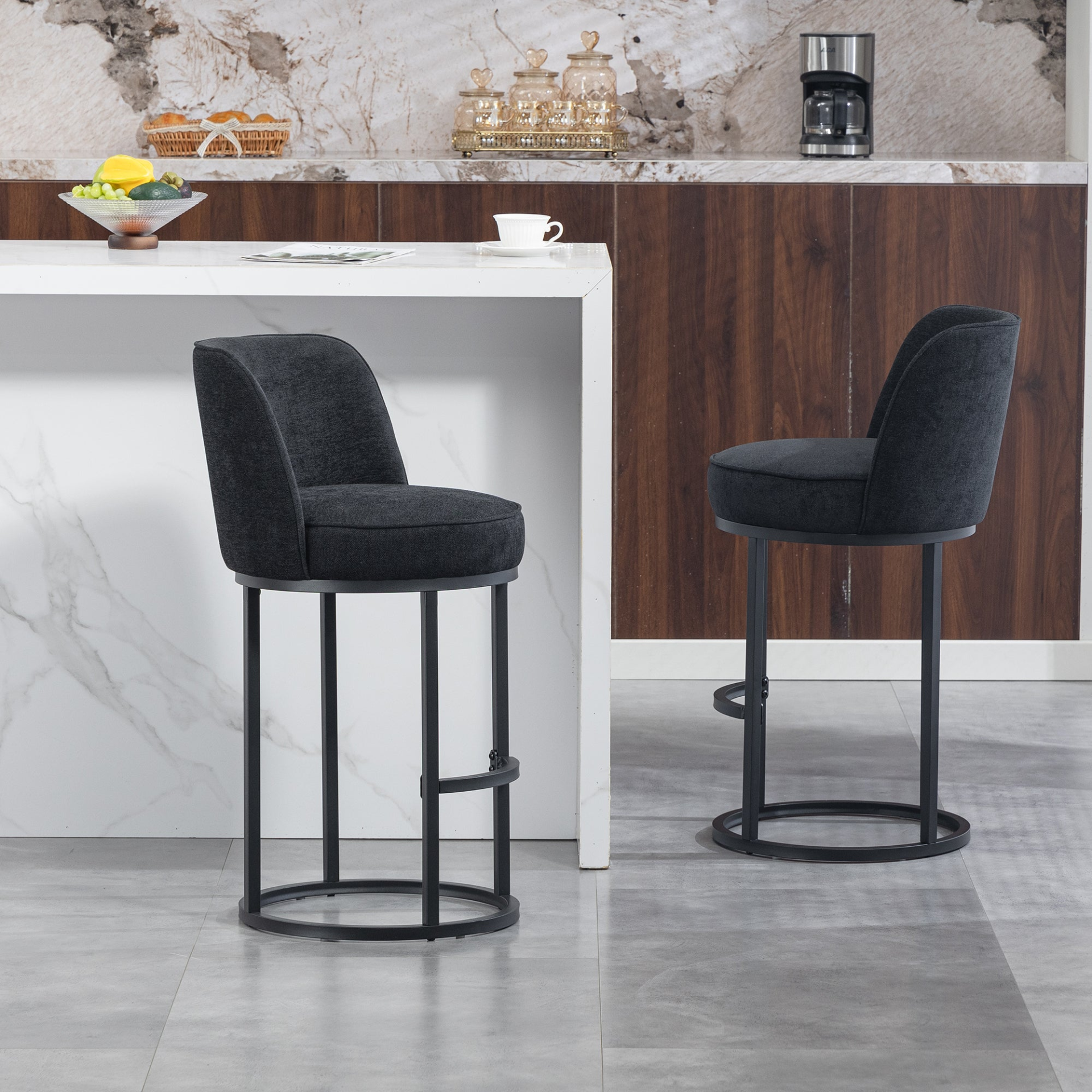 Modern barrel upholstered accent bar stool with backrest, stylish home seating by Start2Finish, featuring a padded seat and sleek design.