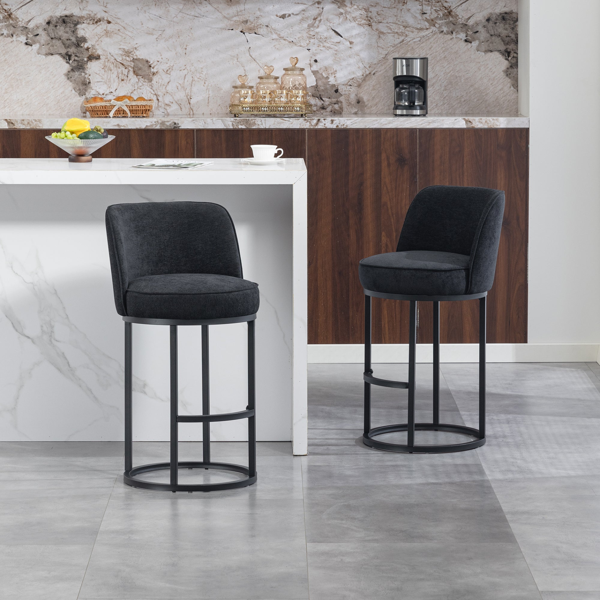 Modern barrel upholstered accent bar stools with backrests, stylish home seating by Start2Finish, featuring plush fabric and sleek design.