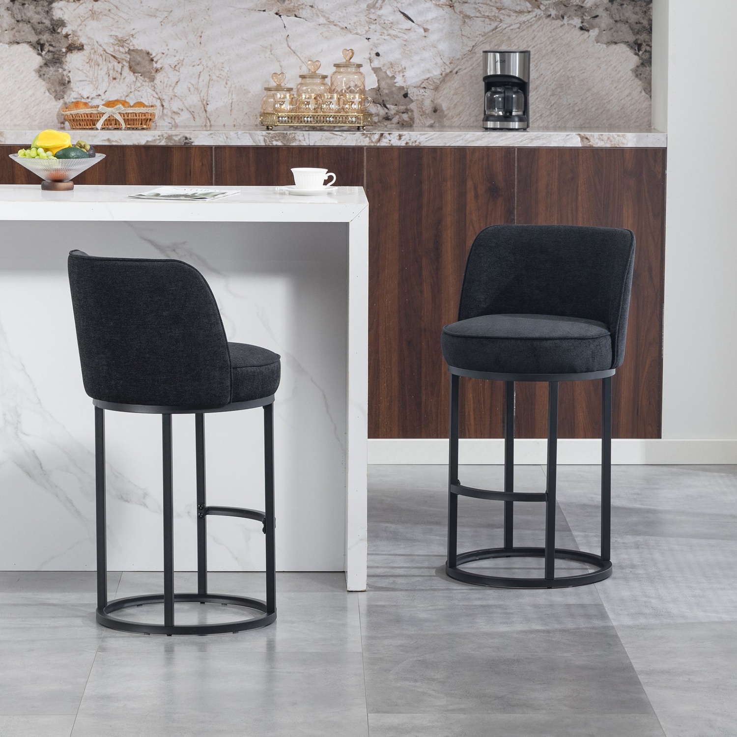 Start2Finish modern barrel upholstered accent bar stool with backrest, stylish home seating in neutral fabric, side view.