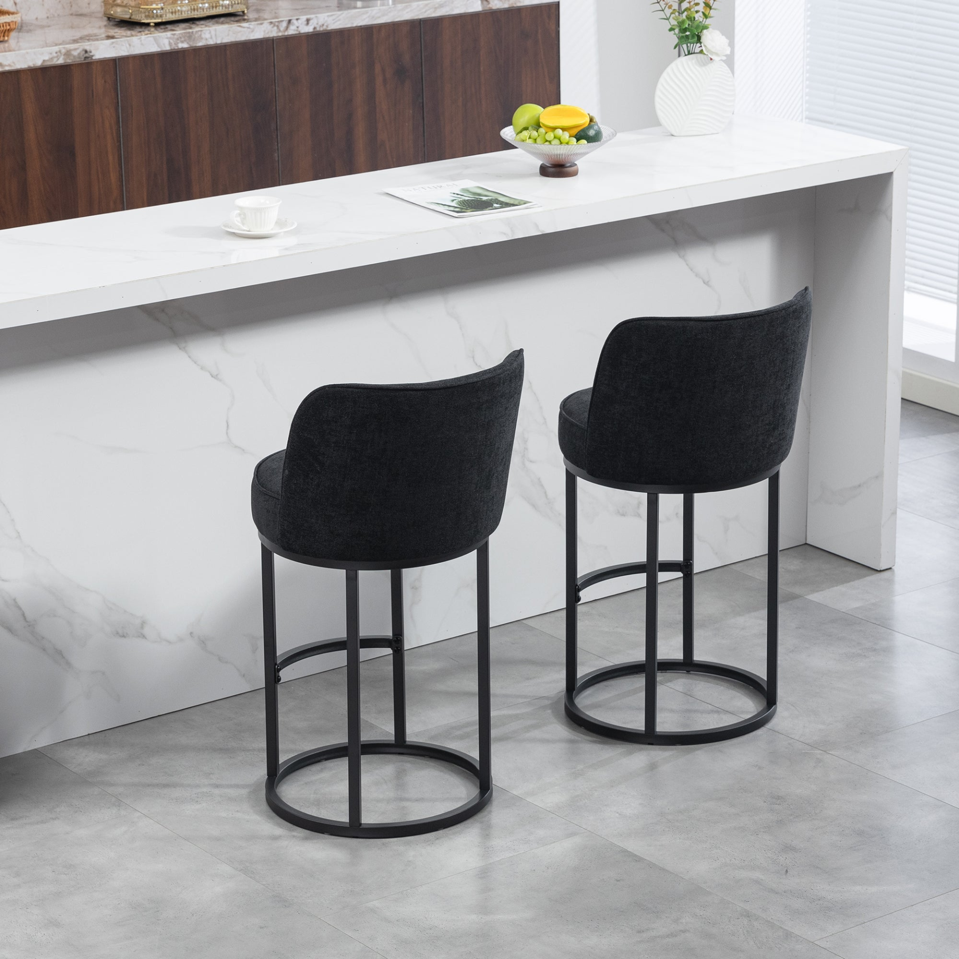Modern barrel upholstered accent bar stool with backrest by Start2Finish, showcasing stylish home seating with plush fabric and wooden legs.