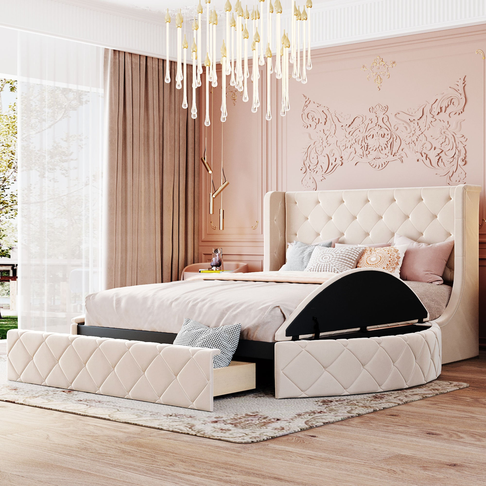 Start2Finish upholstered velvet platform bed with wingback headboard, storage drawer, and side stools in a modern bedroom setting.