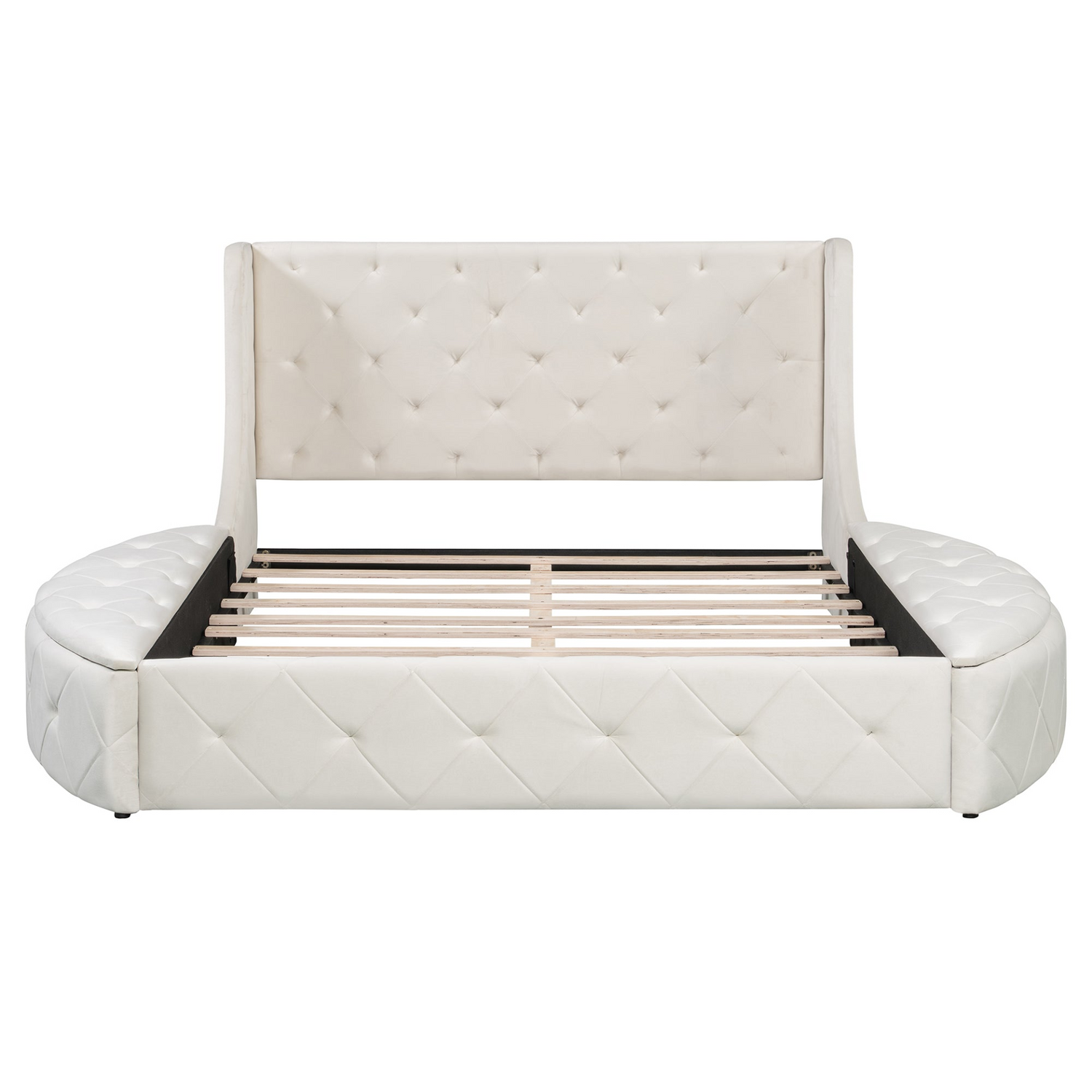 Start2Finish upholstered velvet platform bed with wingback headboard, storage drawer, and side stools in a modern bedroom setting.