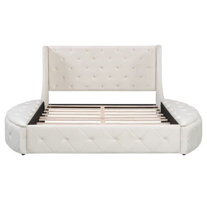 Start2Finish upholstered velvet platform bed with wingback headboard, storage drawer, and side stools in a modern bedroom setting.