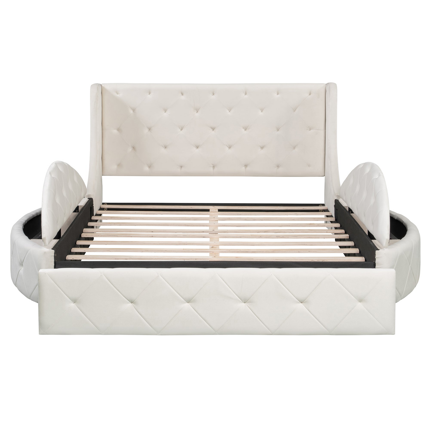 Start2Finish upholstered velvet platform bed with wingback headboard, storage drawer, and side stools in a stylish bedroom setting.
