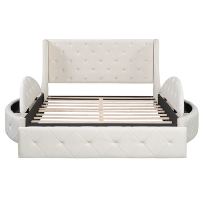 Start2Finish upholstered velvet platform bed with wingback headboard, storage drawer, and side stools in a stylish bedroom setting.