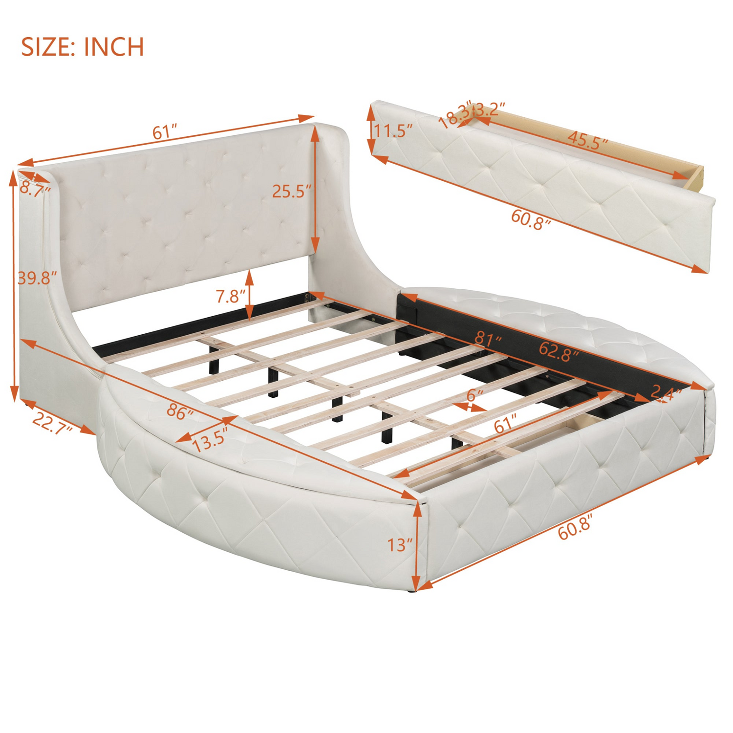 Start2Finish upholstered velvet platform bed with wingback headboard, storage drawer, and side stools, showcasing plush fabric and stylish design.
