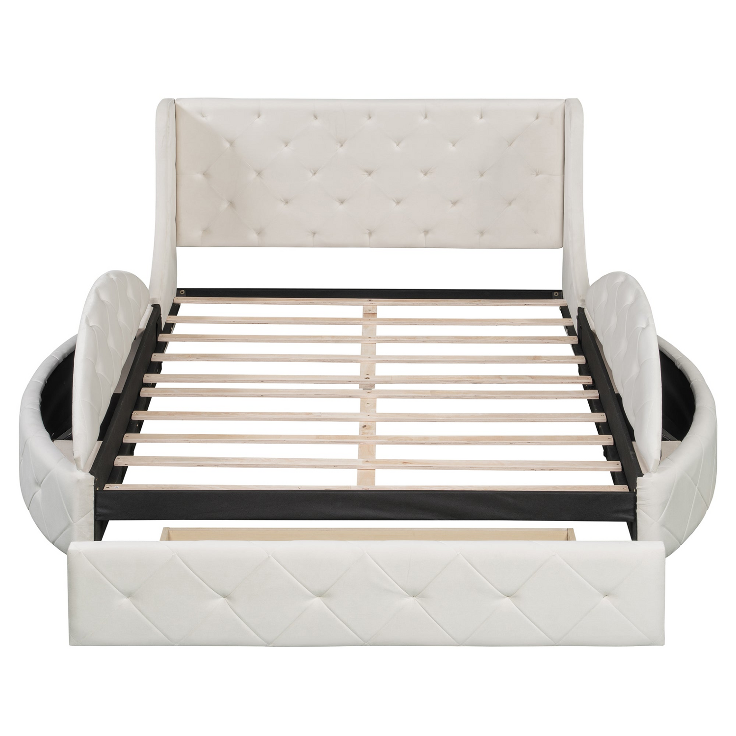 Velvet platform bed with wingback headboard, storage drawer, and side stools, featuring plush upholstery and elegant design.