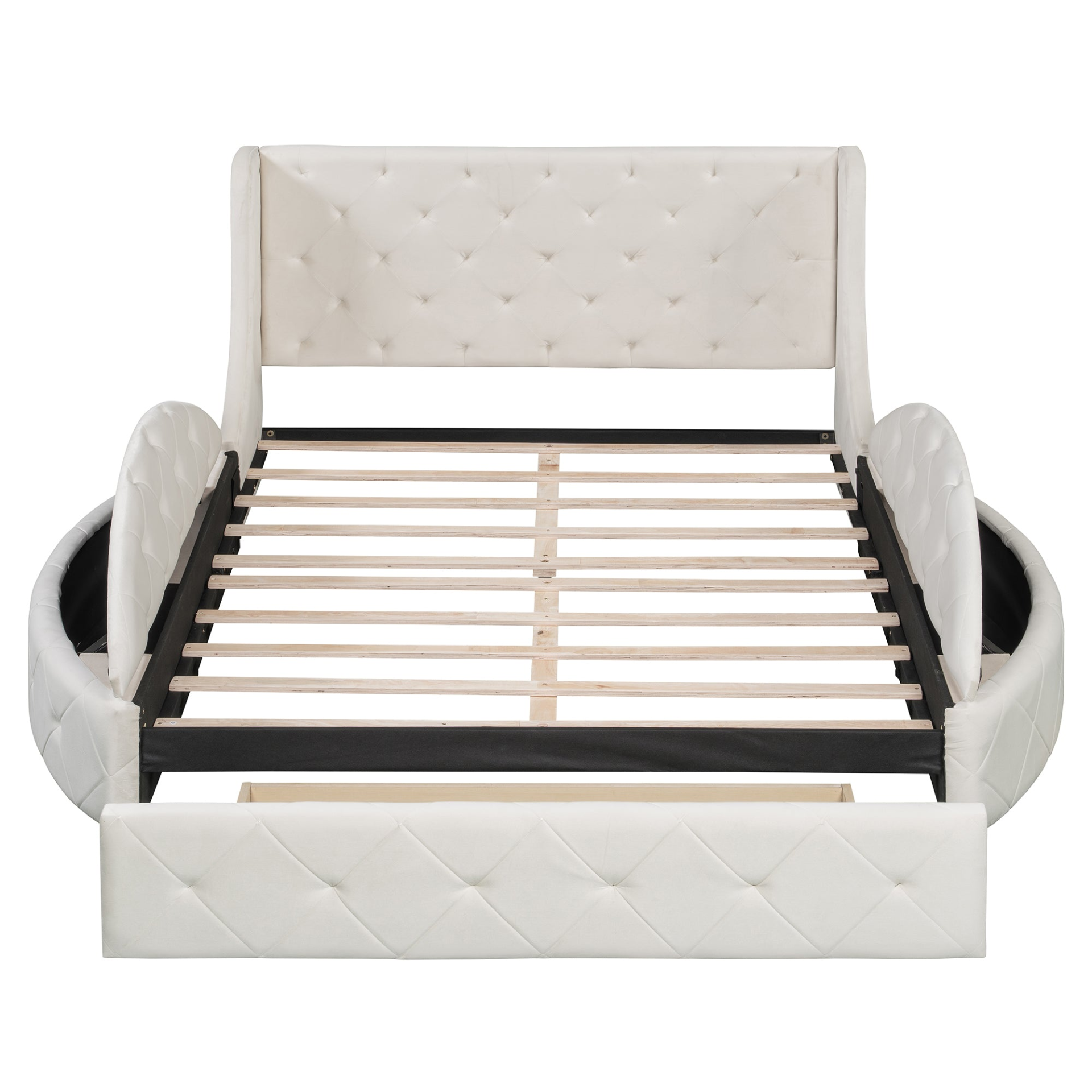 Velvet platform bed with wingback headboard, storage drawer, and side stools, featuring plush upholstery and elegant design.