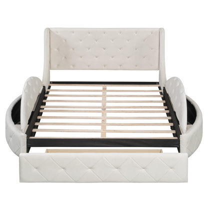 Velvet platform bed with wingback headboard, storage drawer, and side stools, featuring plush upholstery and elegant design.