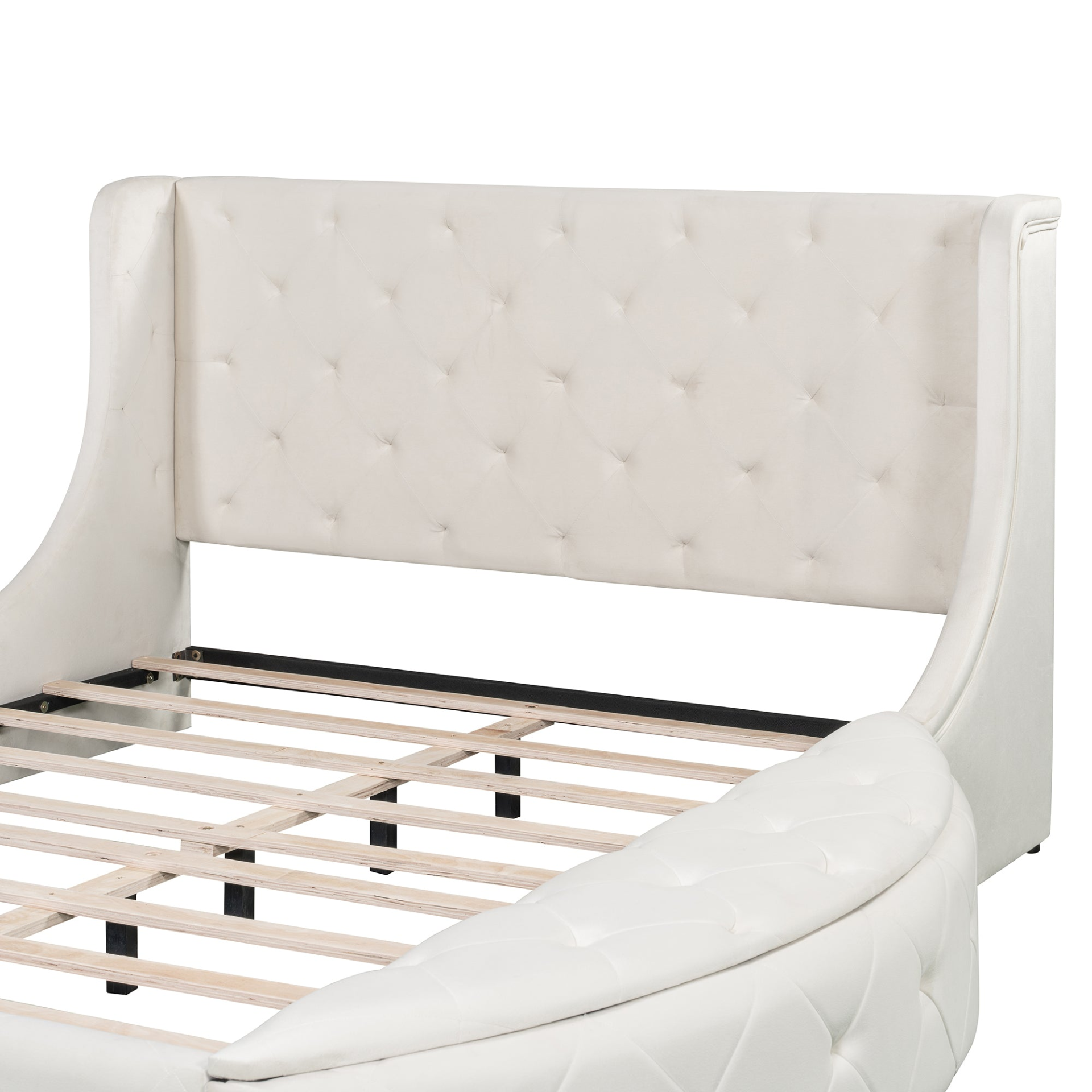 Start2Finish upholstered velvet platform bed with wingback headboard, storage drawer, and side stools in stylish design
