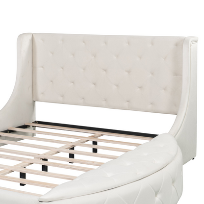 Start2Finish upholstered velvet platform bed with wingback headboard, storage drawer, and side stools in stylish design
