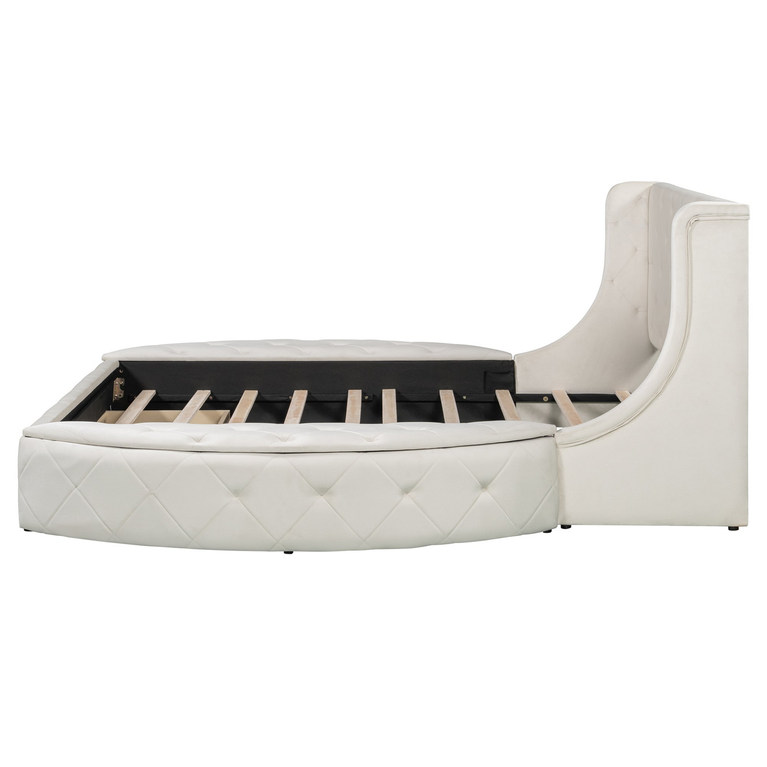 Start2Finish upholstered velvet platform bed with wingback headboard, storage drawer, and matching side stools in a modern bedroom setting.