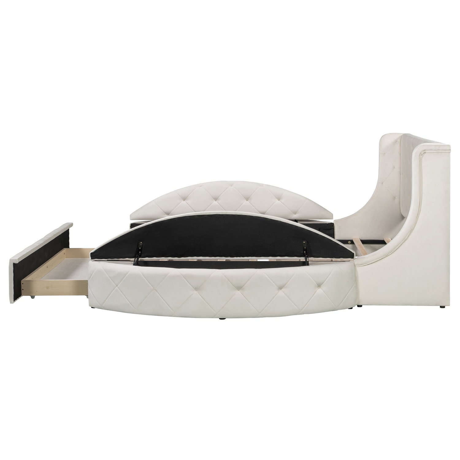 Velvet platform bed with wingback headboard, storage drawers, and side stools in a modern bedroom setting by Start2Finish.