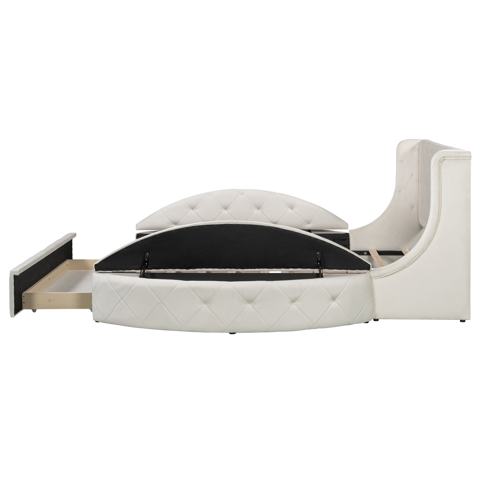 Velvet platform bed with wingback headboard, storage drawers, and side stools in a modern bedroom setting by Start2Finish.