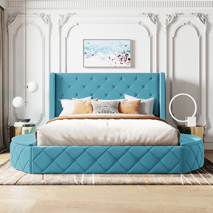 Start2Finish velvet platform bed with wingback headboard, storage drawers, and side stools in a cozy bedroom setting.