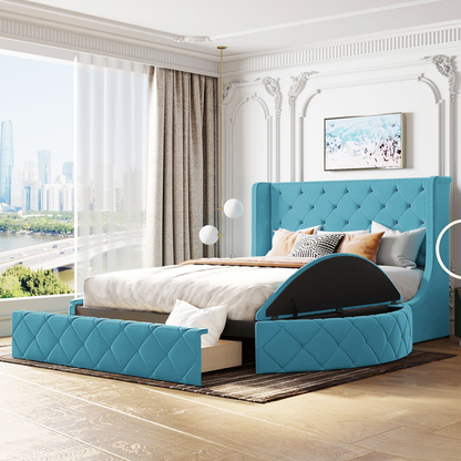 Start2Finish upholstered velvet platform bed with wingback headboard, storage drawer, and side stools in a modern bedroom setting.