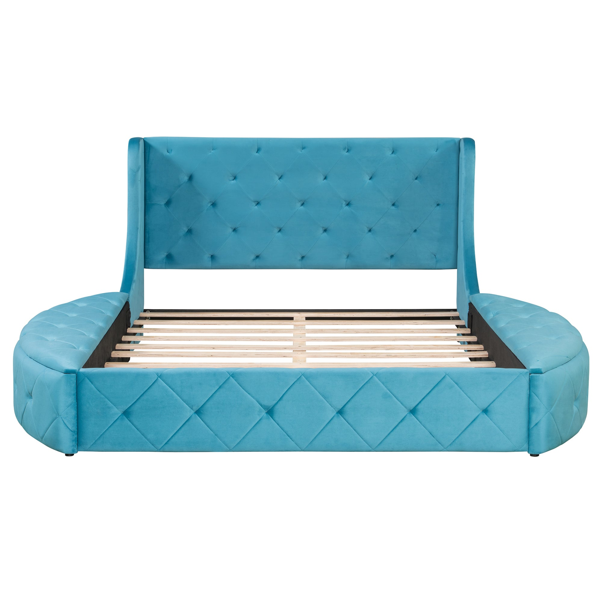 Start2Finish upholstered velvet platform bed with wingback headboard, storage drawer, and side stools in a stylish bedroom setting.