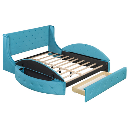 Upholstered velvet platform bed with wingback headboard, storage drawer, and side stools in a modern bedroom setting.