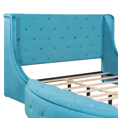 Start2Finish upholstered velvet platform bed with wingback headboard, storage drawer, and side stools, shown in a modern bedroom setting.