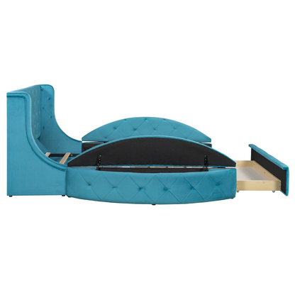 Start2Finish upholstered velvet platform bed with wingback headboard, storage drawer, and side stools in a modern bedroom setting.